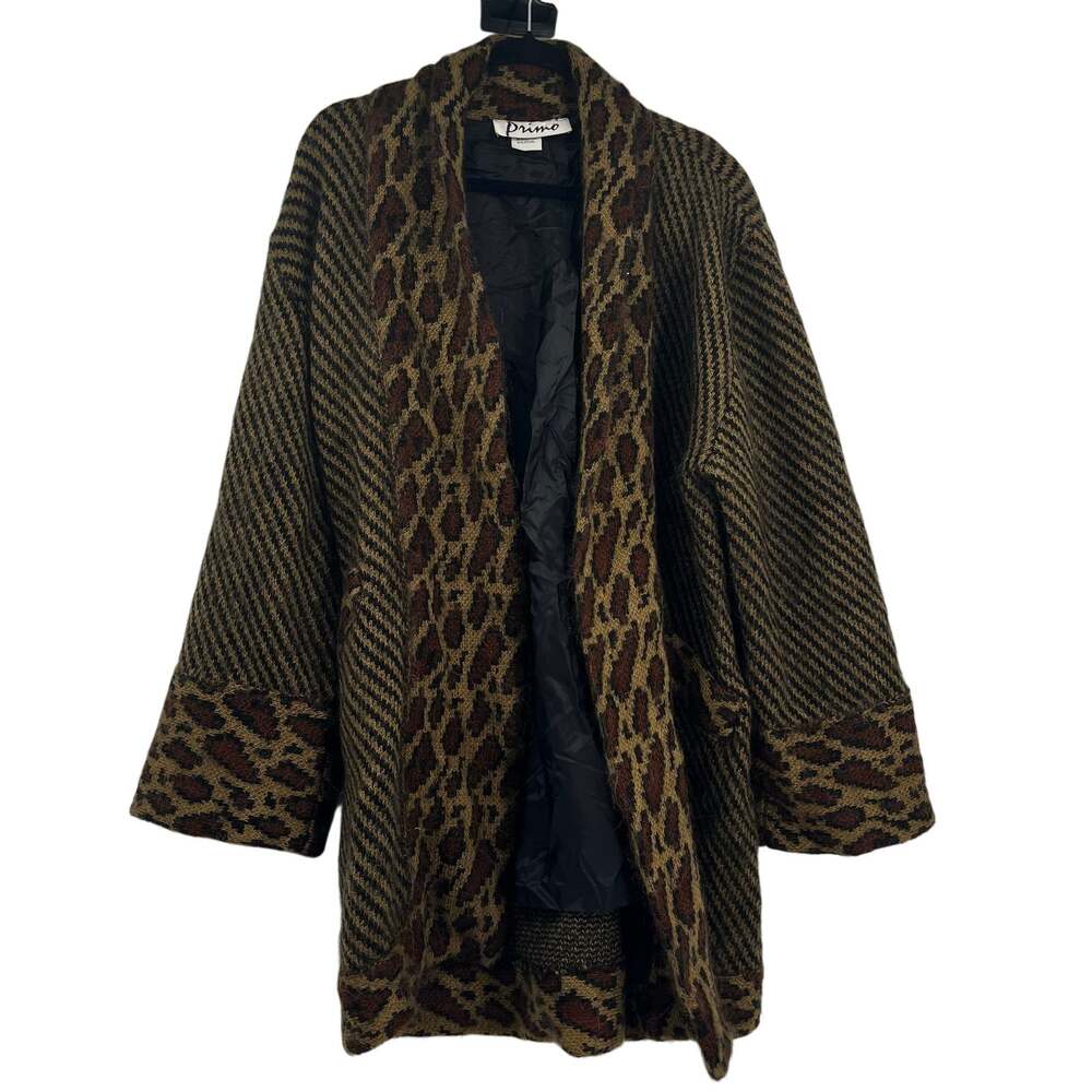 VTG Primo Wool Blend Brown Black Chevron Leopard Trim Open Front Pocket Jacket M